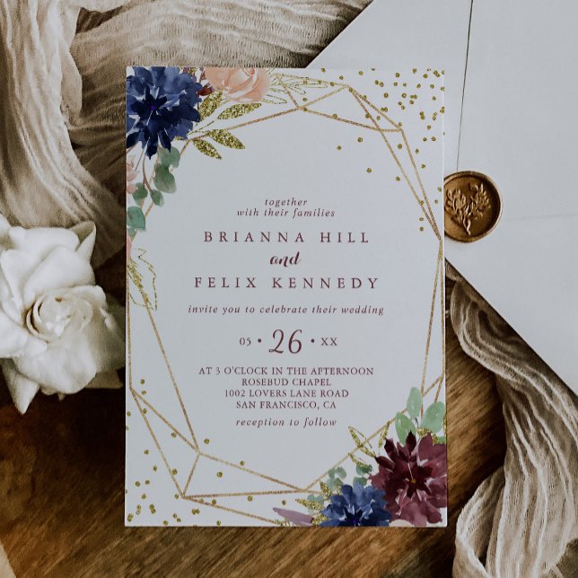 Invitación Purpurina Geométrico Rústico de Oro y Boda Floral (Subido por el creador)