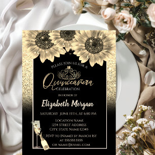 Invitación Purpurina, Girasoles, Corona de Copas de Vino Quin