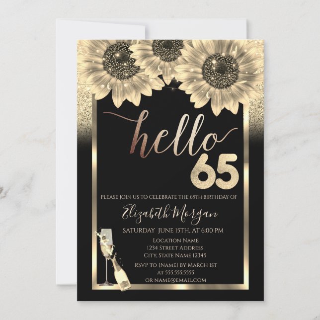 Invitación Purpurina, girasoles, fiesta de cumpleaños 65 de n (Anverso)