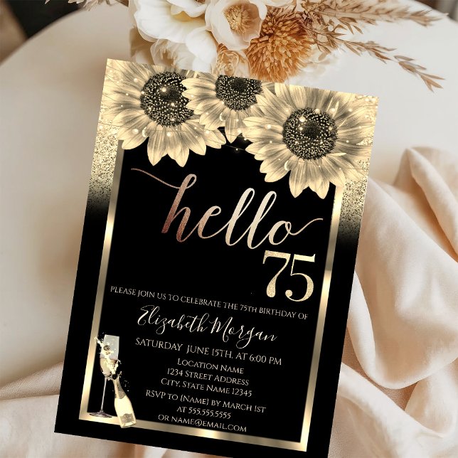 Invitación Purpurina, girasoles, fiesta de cumpleaños 75 de n (Subido por el creador)