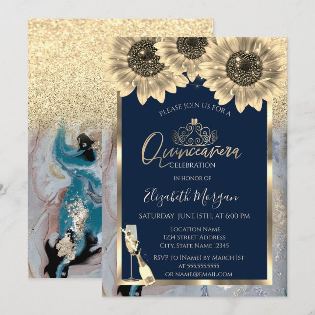 Invitación Purpurina, girasoles, mármol de Glass Tiara Quince (Anverso / Reverso)