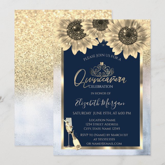 Invitación Purpurina, girasoles, quinceanera metálica de Tiar (Anverso / Reverso)