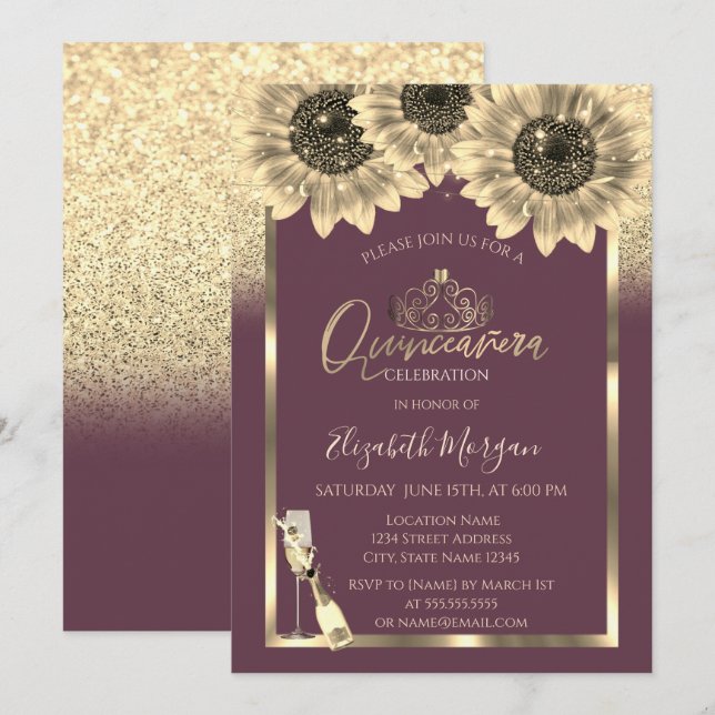 Invitación Purpurina, girasoles, Tiara Borgoña Quinceanera (Anverso / Reverso)