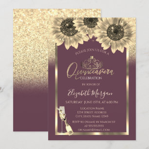 Invitación Purpurina, girasoles, Tiara Borgoña Quinceanera