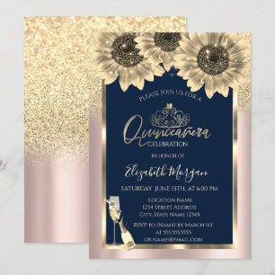 Invitación Purpurina,Girasoles, Tiara Rosa Dorado Quinceañera