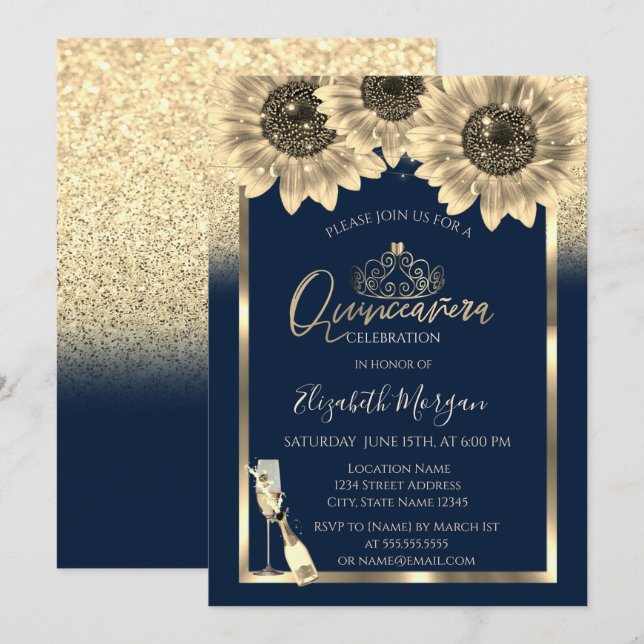 Invitación Purpurina, girasoles, vidrio Tiara azul Quinceaner (Anverso / Reverso)