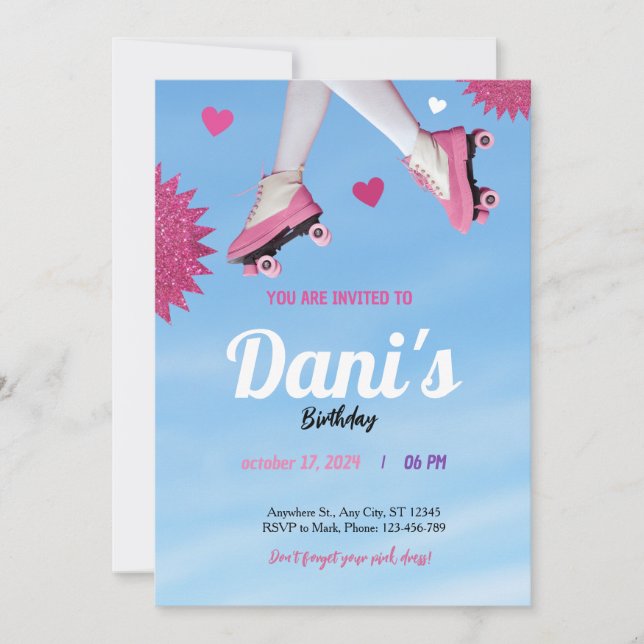 Invitación purpurina giratoria rosa lindo cielo azul cumpleañ (Anverso)