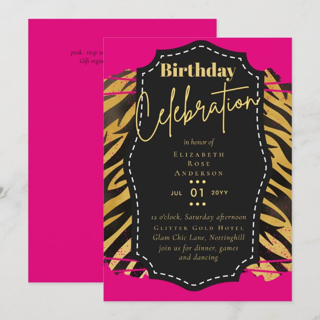 Invitación Purpurina Girly Gold Animal Imprimir cumpleaños CU (Anverso / Reverso)