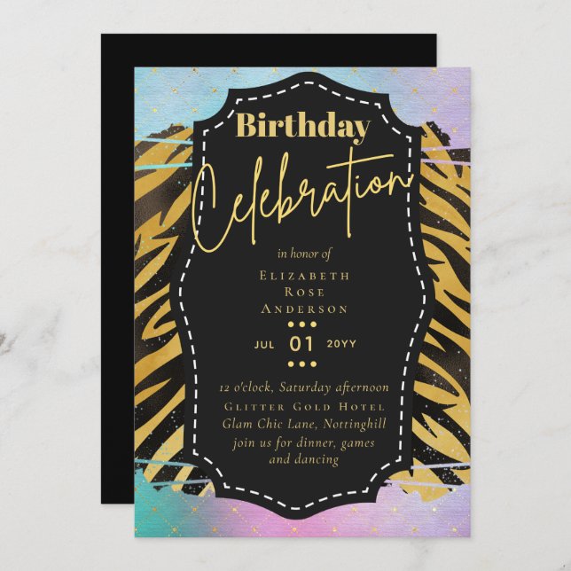 Invitación Purpurina Girly Gold Animal Imprimir cumpleaños CU (Anverso / Reverso)