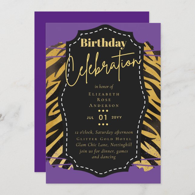 Invitación Purpurina Girly Gold Animal Imprimir cumpleaños CU (Anverso / Reverso)