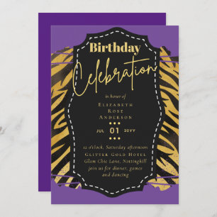 Invitación Purpurina Girly Gold Animal Imprimir cumpleaños CU