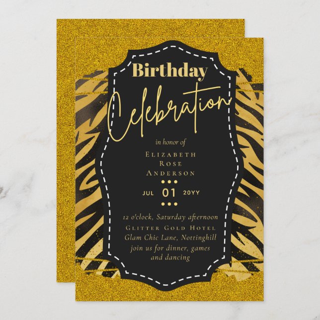 Invitación Purpurina Girly Gold Animal Imprimir cumpleaños CU (Anverso / Reverso)