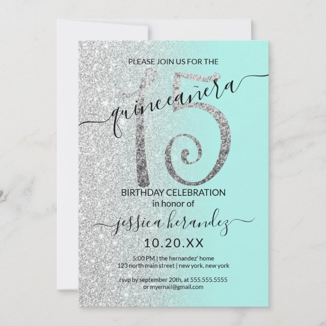Invitación Purpurina Girly Modern Mint Silver Ombre Quinceañe (Anverso)