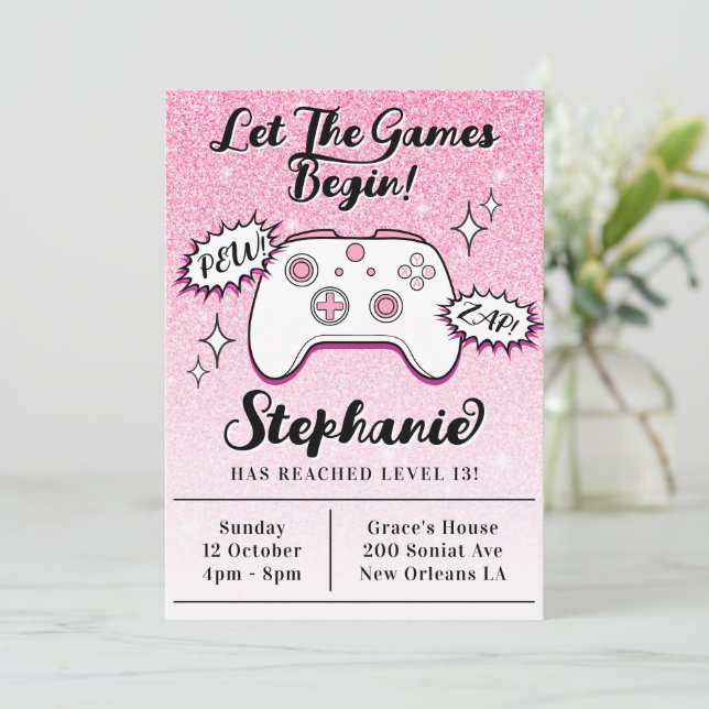 Invitación Purpurina Girly Pink 13 cumpleaños (Anverso de pie)