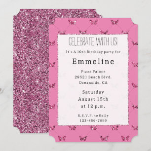 Invitación Purpurina Girly Pink Butterflies