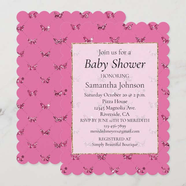 Invitación Purpurina Girly Pink Butterflies Baby Shower (Anverso / Reverso)
