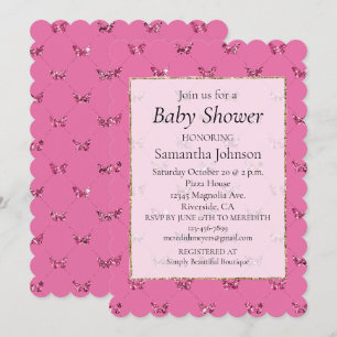 Invitación Purpurina Girly Pink Butterflies Baby Shower