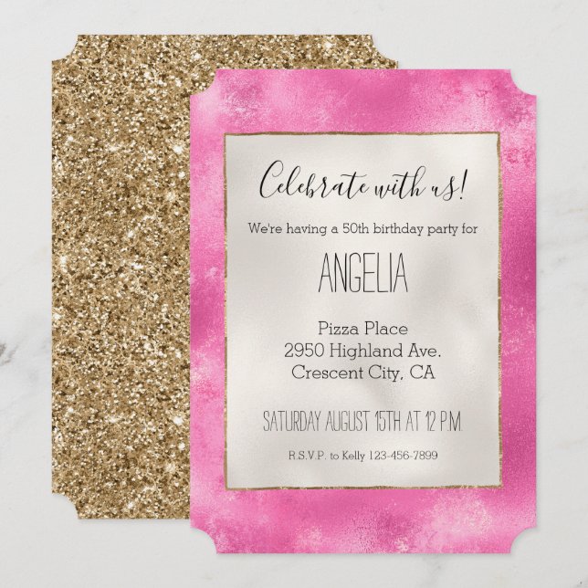 Invitación Purpurina Girly Pink Gold (Anverso / Reverso)