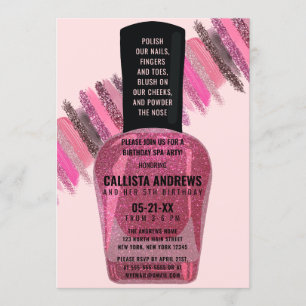 Invitación Purpurina Girly Pink Nail Polaco Spa Día Cumpleaño