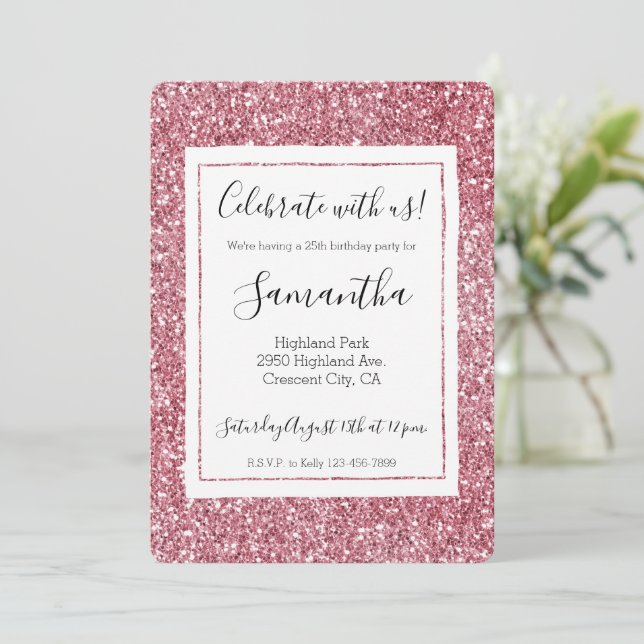 Invitación Purpurina Girly Pink Rose (Anverso de pie)