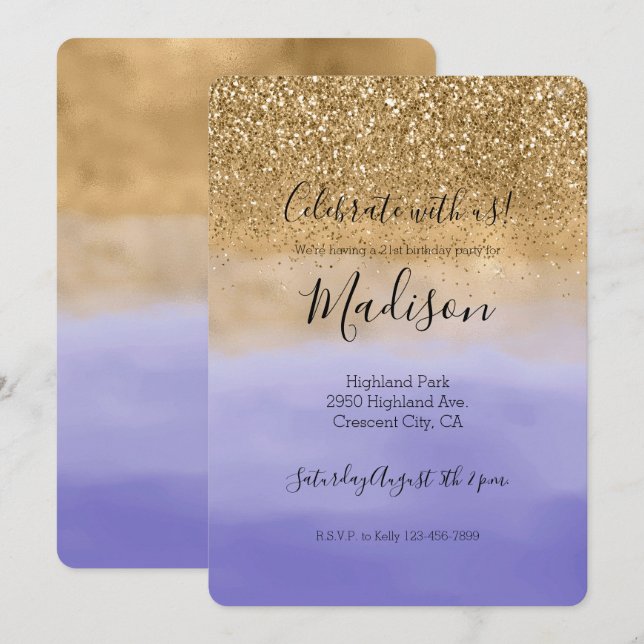 Invitación Purpurina Girly Purple Watercolor Gold (Anverso / Reverso)