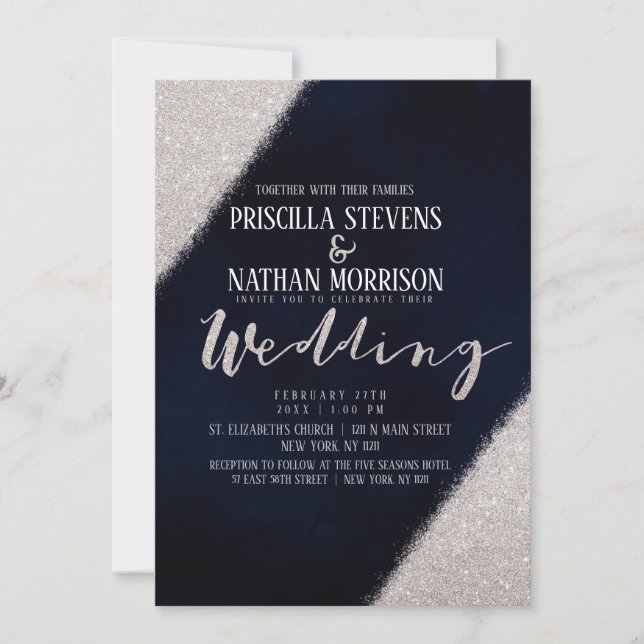 Invitación Purpurina Girly Silver Boda de acuarela azul de la (Anverso)