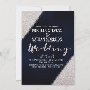 Invitación Purpurina Girly Silver Boda de acuarela azul de la