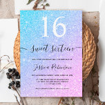 Invitación Purpurina Girly unicornio espuma moda Dulce 16<br><div class="desc">Un gradiente azul unicornio fresco y ondulado de moda para la invitación a la fiesta de cumpleaños Sweet 16 color purpurina rosa,  añada su foto al fondo</div>