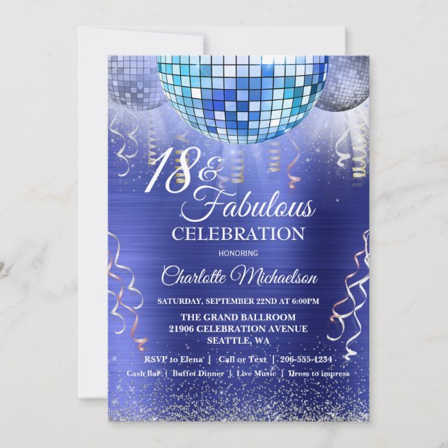 Invitación Purpurina Glam 18 cumpleaños Blue Disco Ball (Anverso)