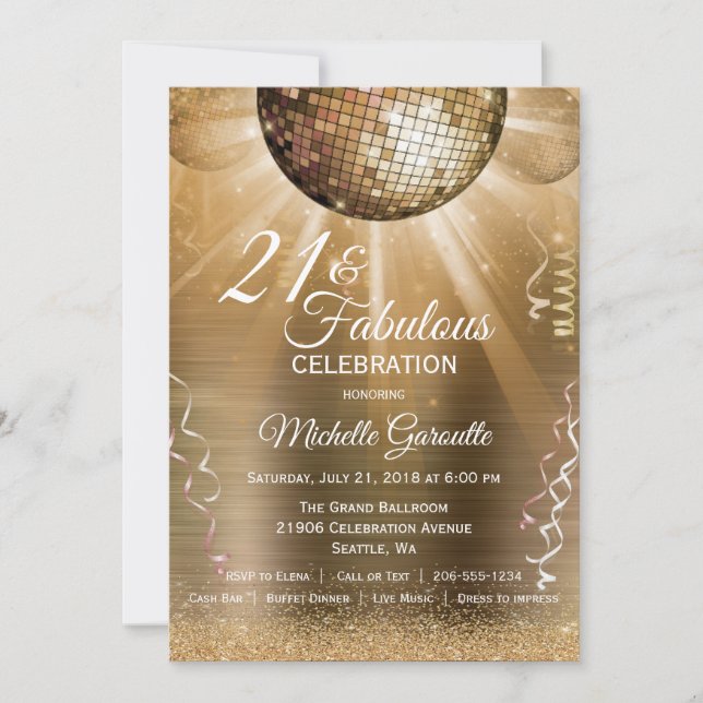 Invitación Purpurina Glam 21 y Fabulous Gold Disco Ball (Anverso)