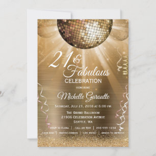 Invitación Purpurina Glam 21 y Fabulous Gold Disco Ball