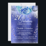 Invitación Purpurina Glam 21st Birthday Blue Disco Ball<br><div class="desc">¡Serás la campana de la pelota con esta moda azul 21 y Fabulosa invitación a la celebración! Las bolas de disco azules y plateadas brillan sobre un fondo metálico azul cepillado, con las bobinas fiestas y el purpurina plateado. Fácil de personalizar con las opciones de personalizado. Utilice el botón "Personalizar"...</div>