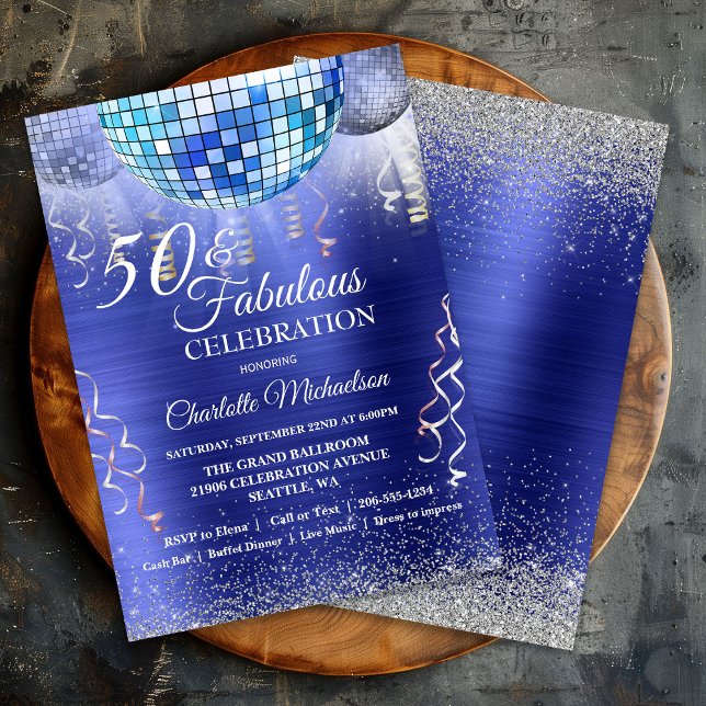 Invitación Purpurina Glam 50 y Fabulous Blue Disco Ball (Glitter Glam 50 and Fabulous Blue Disco Ball Invitation)