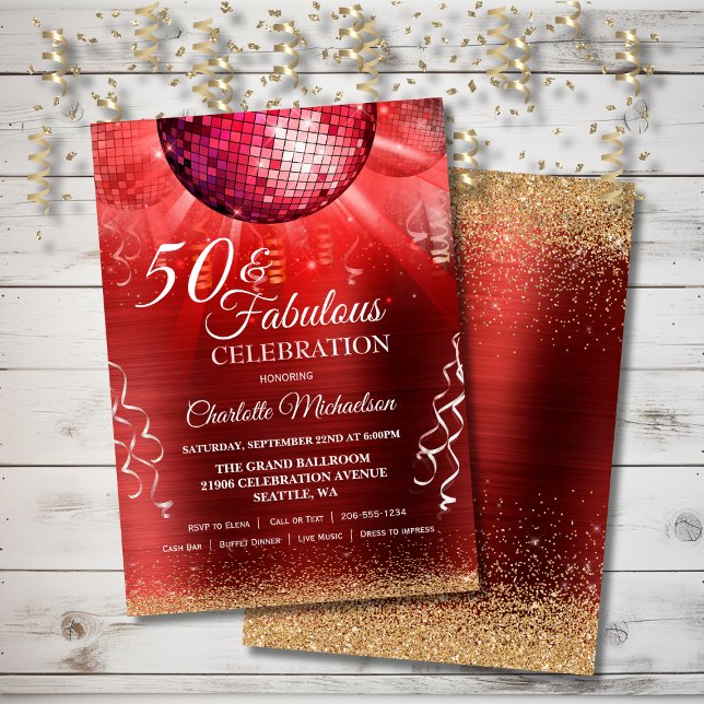 Invitación Purpurina Glam 50 y Fabulous Red Disco Ball (Glitter Glam 50 and Fabulous Red Disco Ball Invitation)