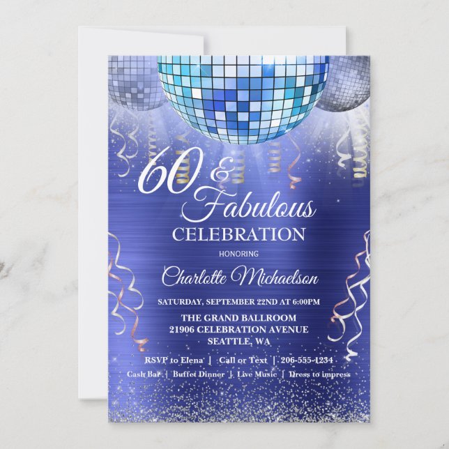 Invitación Purpurina Glam 60 cumpleaños Blue Disco Ball (Anverso)
