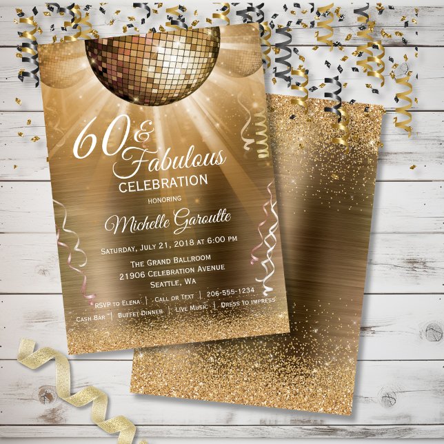 Invitación Purpurina Glam 60 y Fabulous Gold Disco Ball (Glitter Glam 60 and Fabulous Gold Disco Ball Invitation)