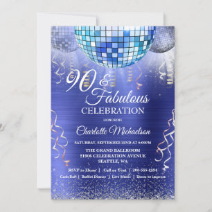 Invitación Purpurina Glam 90 cumpleaños Blue Disco Ball
