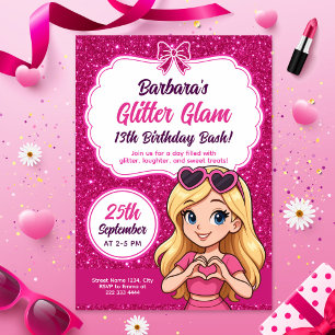 Invitación Purpurina Glam Birthday Bash Editable Sparkly Pink