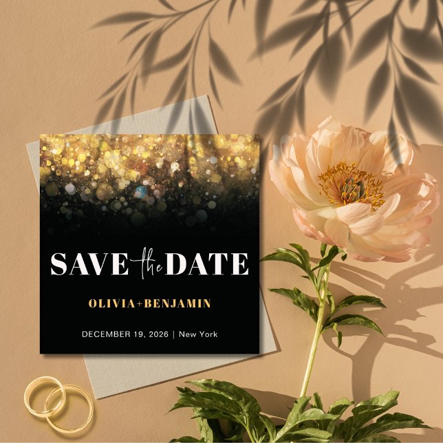 Invitación Purpurina Glam Black and Gold Wedding Save The Dat (Glitter Glam Black and Gold Wedding Save The Date Invitation)
