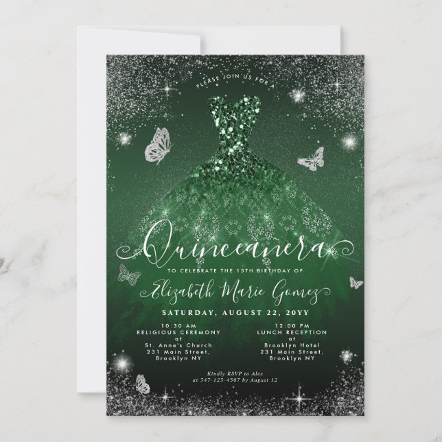 Invitación Purpurina Glam Emerald Green Silver Gown Quinceane (Anverso)