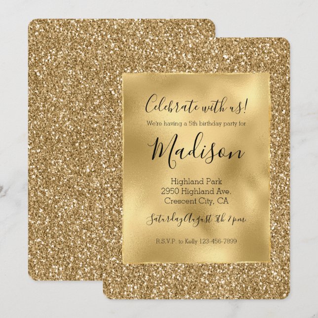 Invitación Purpurina Glam Glitz con estilo Gold (Anverso / Reverso)