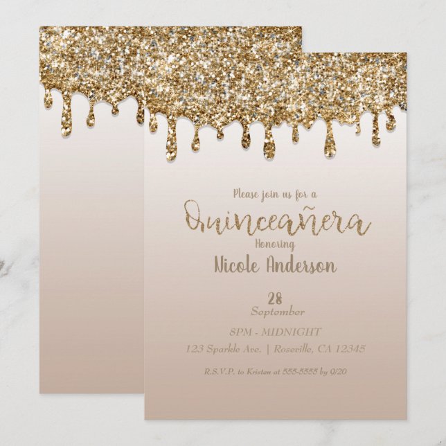 Invitación Purpurina Glam Gold Drip Quinceañera 15 Cumpleaños (Anverso / Reverso)