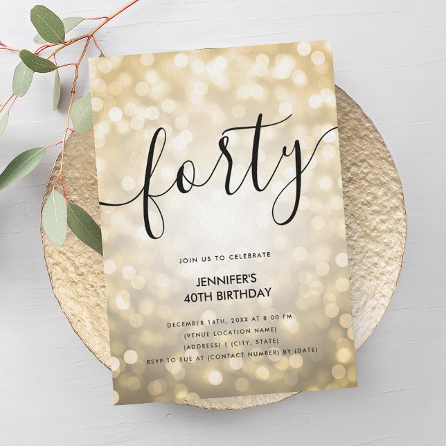 Invitación Purpurina Glam Gold Moderno enciende 40 cumpleaños (Modern Glam Gold Glitter Lights 40th Birthday Invitation)