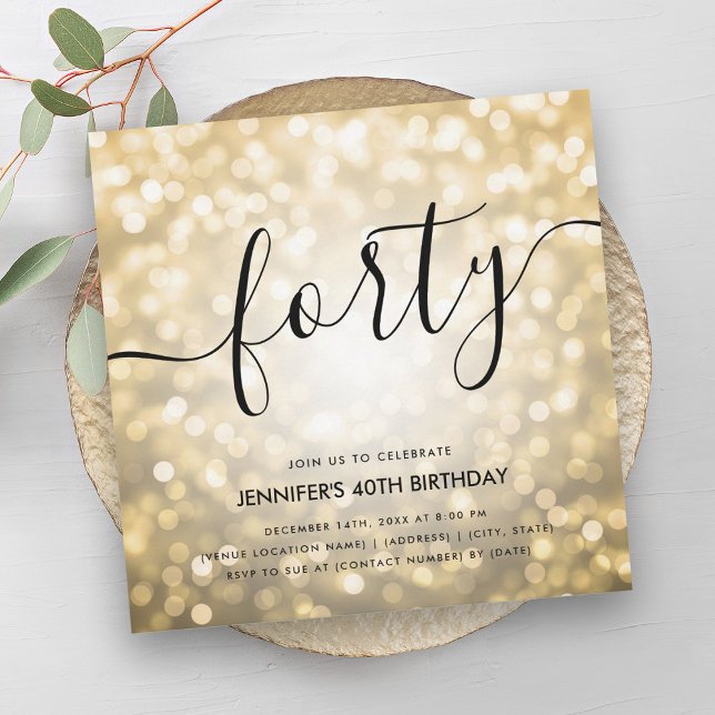 Invitación Purpurina Glam Gold Moderno enciende 40 cumpleaños (Modern Glam Gold Glitter Lights 40th Birthday Invitation)