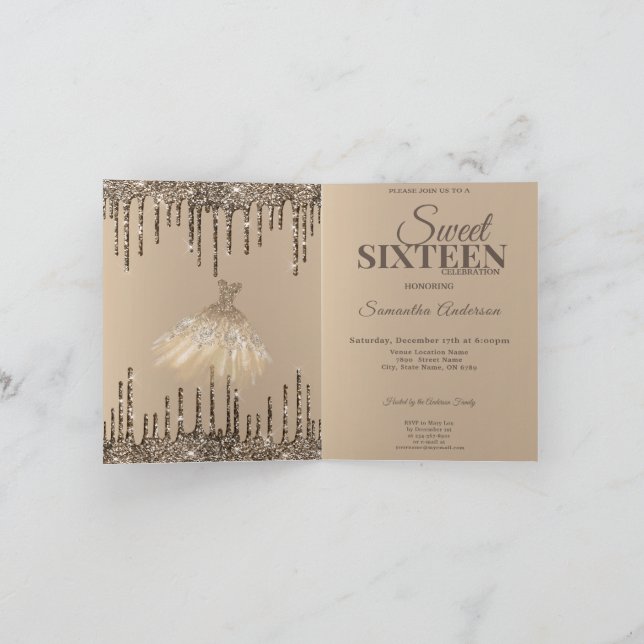 Invitación Purpurina Glam Gold Spark Sweet 16 Cumpleaños Part (Interior)