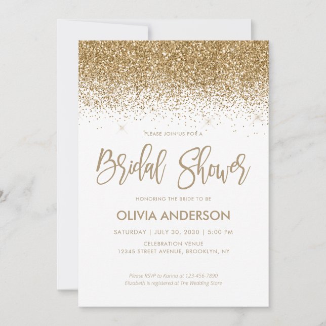 Invitación Purpurina Glam Gold Sparkle Confetti Bridal Shower (Anverso)