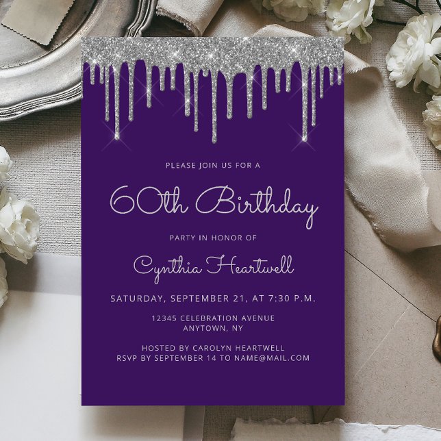 Invitación Purpurina Glam Purple Silver Drip 60 cumpleaños (Subido por el creador)