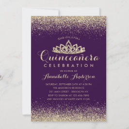 Invitación Purpurina Glam Purple Violet Quinceañera Gold Tiar