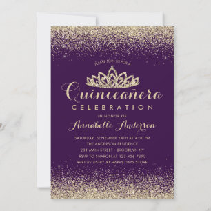 Invitación Purpurina Glam Purple Violet Quinceañera Gold Tiar