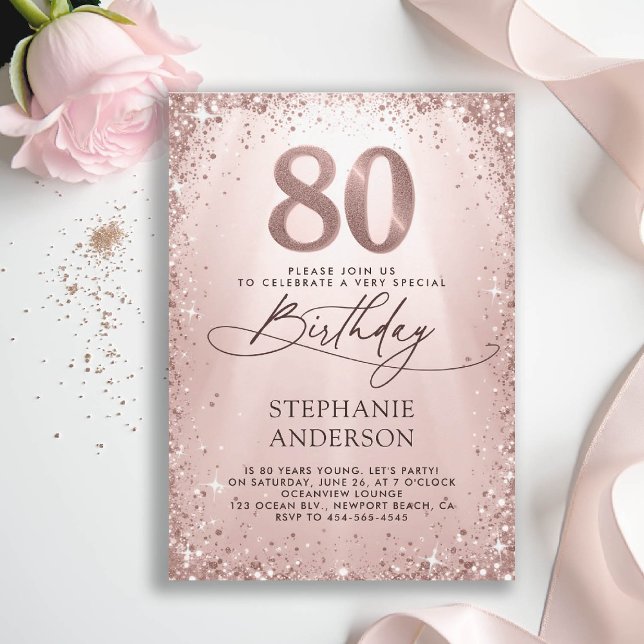 Invitación Purpurina Glam Rosa Gold Calligraphy 80 cumpleaños (80th birthday invitation for women glitter sparkle rose gold glam elegant stylish luxury)